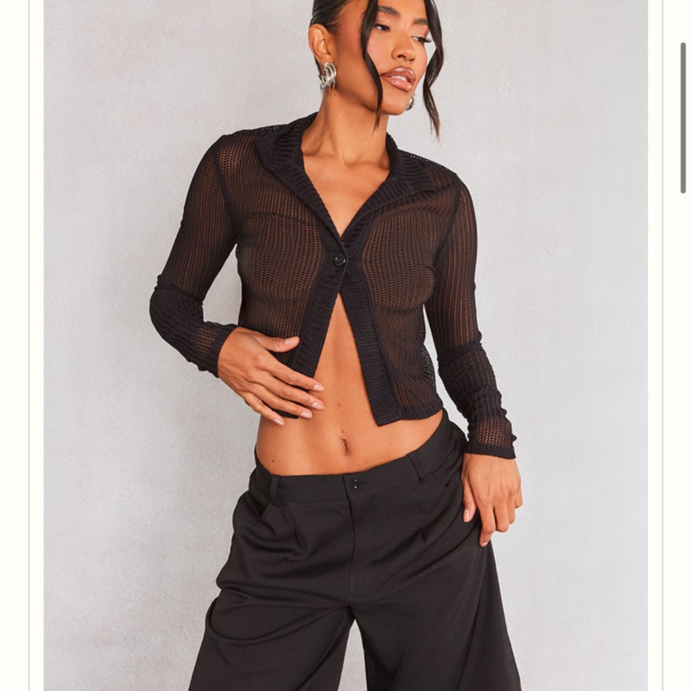 Black soft mesh Sheer Button Top